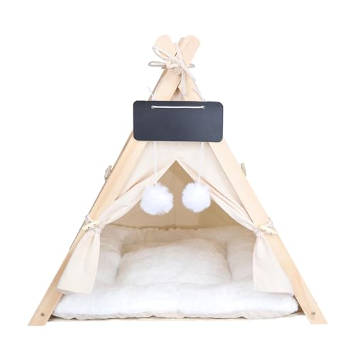 kowaku Haustier-Tipi Katzenzelt Bett mit Kissen, waschbar, zum Spielen, tragbar, atmungsaktiv, Winternest für Welpen, alle Jahreszeiten, Beige von kowaku