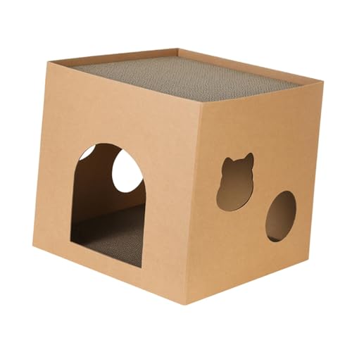 kowaku Katzenhaus aus Pappe, Katzenhaus-Kratzbrett, Katzenbox, Katzenbett, Wellpappe-Kratzbox für Katzen und Kaninchen im Innenbereich, Braun S von kowaku