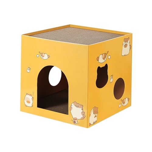 kowaku Katzenhaus aus Pappe, Katzenhaus-Kratzbrett, Katzenbox, Katzenbett, Wellpappe-Kratzbox für Katzen und Kaninchen im Innenbereich, Gelb L von kowaku