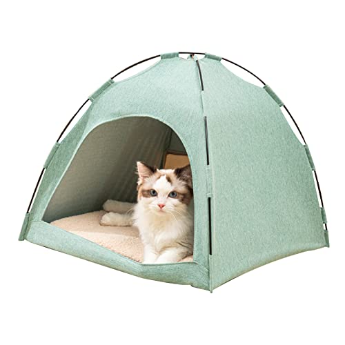 Katzenhaus für Katzenbett im Innenbereich, Zeltförmiges Design mit viereckiger Struktur, mit Abnehmbarer Reversible Kissen, Größe: 52 x 52 x 44cm, Katzenhöhlenbetten für Hauskatze (Grün) von kyaoayo