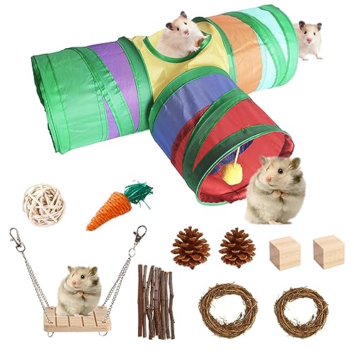 kyaoayo Meerschweinchen Tunnel Röhren Spielzeug Set, 3Wege Tunnel versteckt Spielzeug mit Kugeln Beißringe, zusammenklappbare Tunnel Haustier Spielzeug, Kleintier Aktivität Tunnel Versteck für Hamster von kyaoayo