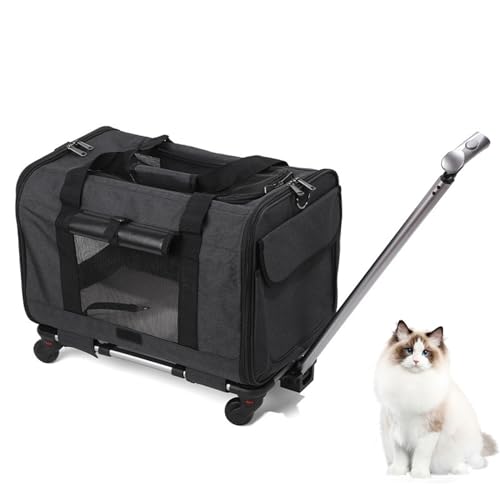 kyaoayo Transportbox Katze, Hunde Tragetasche, Faltbar Hundebox Katzentasche mit Rollen, Atmungsaktiv Transporttasche mit Teleskopgriff/Rädern/Tasche, für Kleine Mittelgroße Haustiere (Dunkelgrau) von kyaoayo