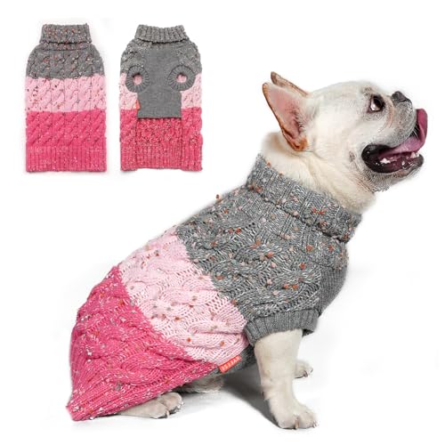 KYEESE 2022 Hundepullover Farbblock mit flauschigem Faden, gestrickte Rollkragen-Hundestrickwaren mit Loch für kleine Hunde, Herbst, Winter, Hundekleidung, Rosa, M von kyeese