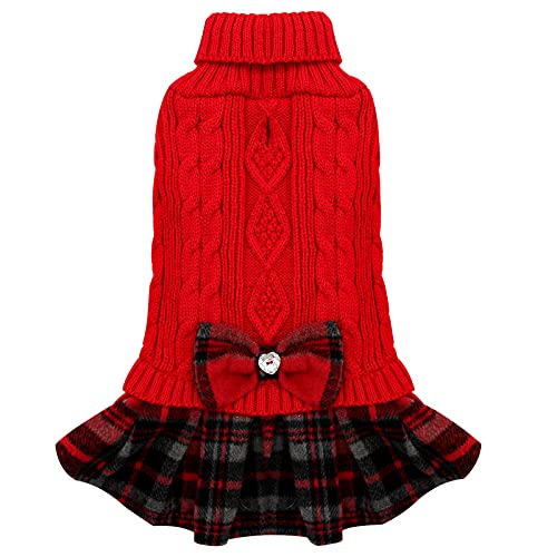 KYEESE Hundepullover Kleid für kleine mittelgroße Hunde mit Fliege Kariert Rollkragen Hundepullover Warm Pet Sweater Rot von kyeese