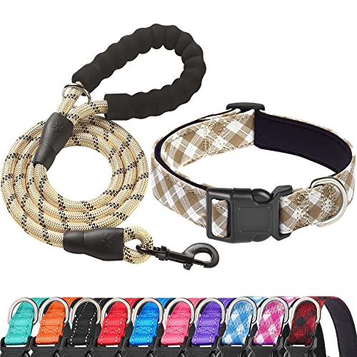 Keyoung Ladoogo Reflektierendes Hundehalsband, gepolstert, mit weichem Neopren, atmungsaktiv, verstellbar, Nylon, für kleine, mittelgroße und große Hunde (klein (1 Stück), Vanille-Karomuster + Leine) von ladoogo