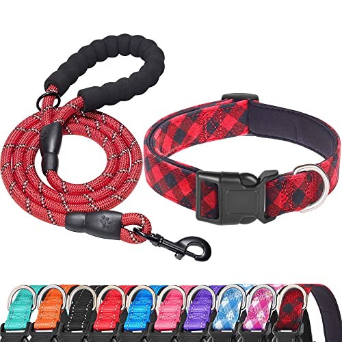 Ladoogo Reflektierendes Hundehalsband, gepolstert, mit weichem Neopren, atmungsaktiv, verstellbar, Nylon, für kleine, mittelgroße und große Hunde (Größe L (1 Stück), rotes kariertes Halsband + Leine) von ladoogo