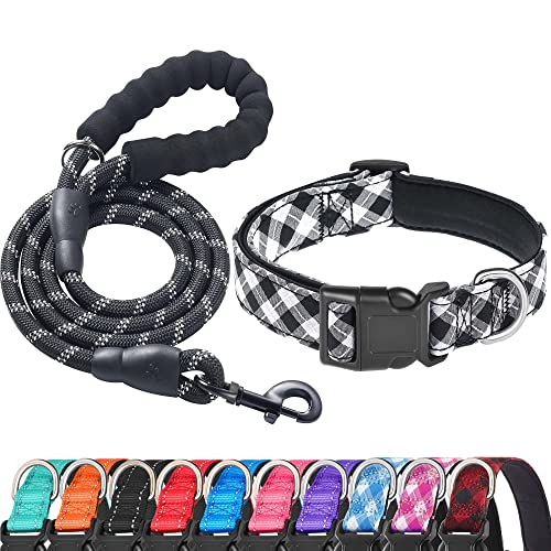 Ladoogo Reflektierendes Hundehalsband, gepolstert, mit weichem Neopren, atmungsaktiv, verstellbar, Nylon, für kleine, mittelgroße und große Hunde (Größe L (1 Stück), schwarzes kariertes Halsband + Leine) von ladoogo