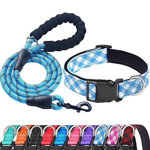 Ladoogo Reflektierendes Hundehalsband, gepolstert, mit weichem Neopren, atmungsaktiv, verstellbar, Nylon, für kleine, mittelgroße und große Hunde (Größe M (1 Stück), Blau kariertes Halsband + Leine) von ladoogo