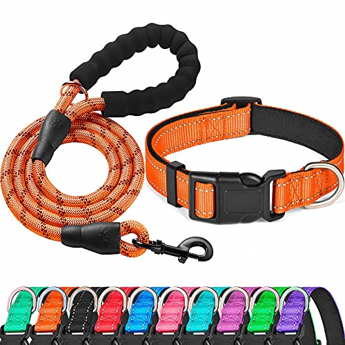 Ladoogo Reflektierendes Hundehalsband, gepolstert, mit weichem Neopren, atmungsaktiv, verstellbar, Nylon, für kleine, mittelgroße und große Hunde (Halsband + Leine,30.5 cm, Orange) von ladoogo