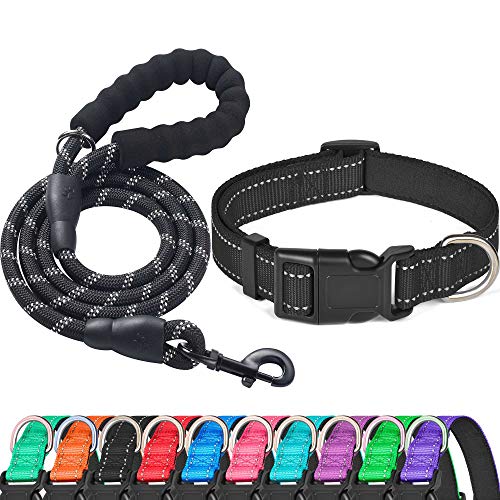 Ladoogo Reflektierendes Hundehalsband, gepolstert, mit weichem Neopren, atmungsaktiv, verstellbar, Nylon, für kleine, mittelgroße und große Hunde (Halsband + Leine,30.5 cm, schwarz) von ladoogo