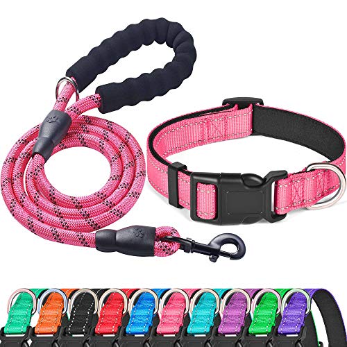 Ladoogo Reflektierendes Hundehalsband, gepolstert mit weichem Neopren, atmungsaktiv, verstellbar, Nylon, für kleine, mittelgroße und große Hunde (Halsband + Leine, Halsumfang M 40.6 cm,48.3 cm, Rosa) von ladoogo