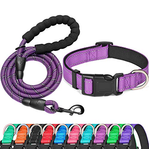 Ladoogo Reflektierendes Hundehalsband, gepolstert mit weichem Neopren, atmungsaktiv, verstellbar, Nylon, für kleine, mittelgroße und große Hunde (Halsband + Leine, M Halsumfang 40.6,48.3 cm, Violett) von ladoogo