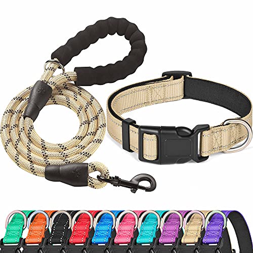 Ladoogo Reflektierendes Hundehalsband, gepolstert mit weichem Neopren, atmungsaktiv, verstellbar, Nylon, für kleine, mittelgroße und große Hunde (Halsband + Leine,30.5 cm, Vanille) von ladoogo