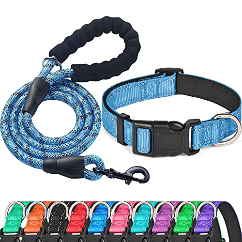 Ladoogo Reflektierendes Hundehalsband, gepolstert mit weichem Neopren, atmungsaktiv, verstellbar, Nylon, für kleine, mittelgroße und große Hunde (Halsband + Leine,59.7 cm, leuchtendes Blau von ladoogo