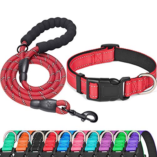 Ladoogo Reflektierendes Hundehalsband, gepolstert mit weichem Neopren, atmungsaktiv, verstellbar, Nylon, für kleine, mittelgroße und große Hunde (Medium (1 Stück), rotes Halsband + Leine) von ladoogo