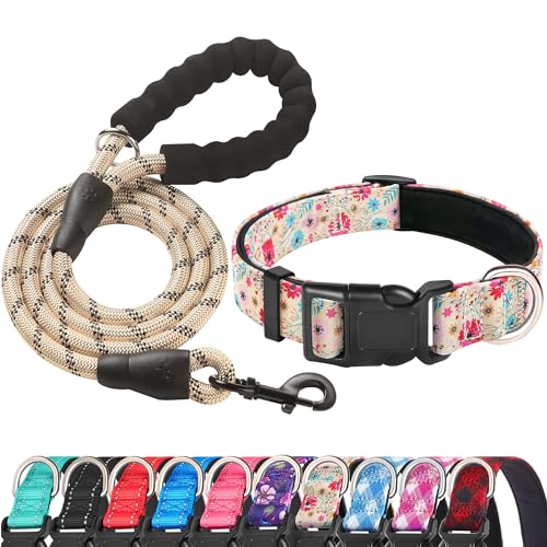 Ladoogo Reflektierendes Hundehalsband, gepolstert mit weichem Neopren, atmungsaktiv, verstellbar, Nylon, für kleine, mittelgroße und große Hunde (XS (1 Stück), Vanila/Rosa Blumenhalsband + Leine) von ladoogo