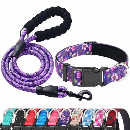 Ladoogo Reflektierendes Hundehalsband, gepolstert mit weichem Neopren, atmungsaktiv, verstellbar, Nylon, für kleine, mittelgroße und große Hunde (XS (1 Stück), lila/rosa Blumenhalsband + Leine) von ladoogo