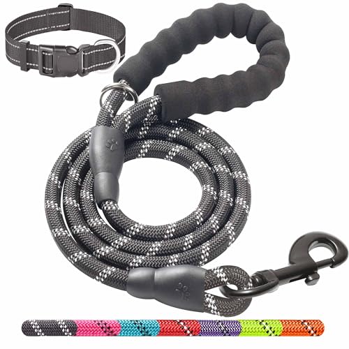 Ladoogo Robuste Hundeleine – bequemer gepolsterter Griff, 1,5 m lang – Hundetrainingsleine für mittelgroße und große Hunde, mit gratis Nylon-Hundehalsband von ladoogo