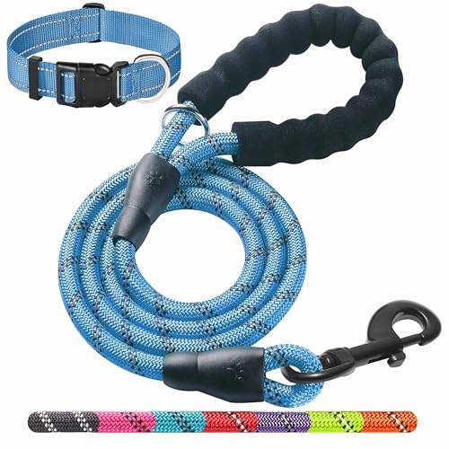 Ladoogo Robuste Hundeleine – bequemer gepolsterter Griff, 1,5 m lang – Hundetrainingsleine für mittelgroße und große Hunde, mit gratis Nylon-Hundehalsband von ladoogo