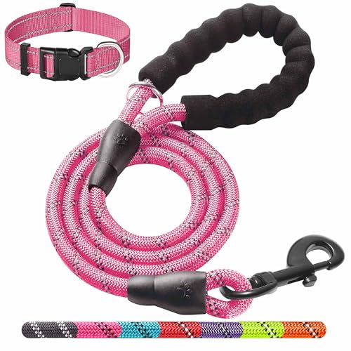 Ladoogo Robuste Hundeleine – bequemer gepolsterter Griff, 1,5 m lang – Hundetrainingsleine für mittelgroße und große Hunde, mit gratis Nylon-Hundehalsband von ladoogo