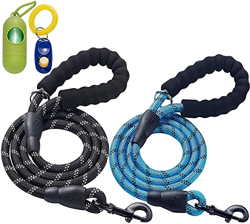 ladoogo Robuste Hundeleine mit bequemem, gepolstertem Griff, reflektierende Hundeleine für mittelgroße und große Hunde, 1,3 cm × 1,5 m, Schwarz und Blau, 2 Stück von ladoogo