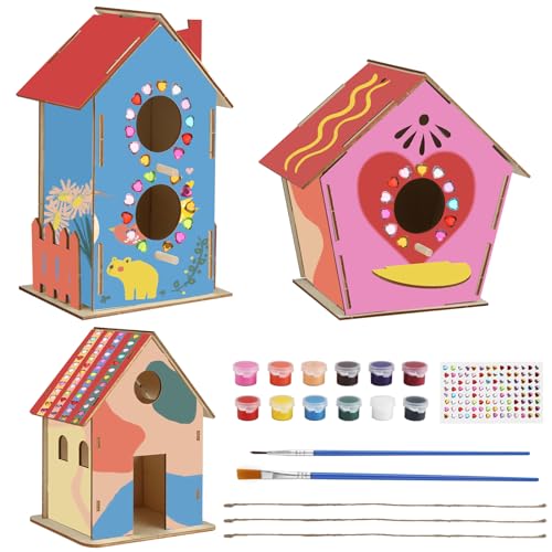 3 Stück Vogelhaus Bausatz Kinder, DIY Leeres Hölzernes Vogelhaus zum Bemalen, Baubares und Färbbares Vogelhaus Bausatz, Hölzernes Bausatz Vogelhaus für Lehrtätigkeiten und Geschenkgebung von lahnao