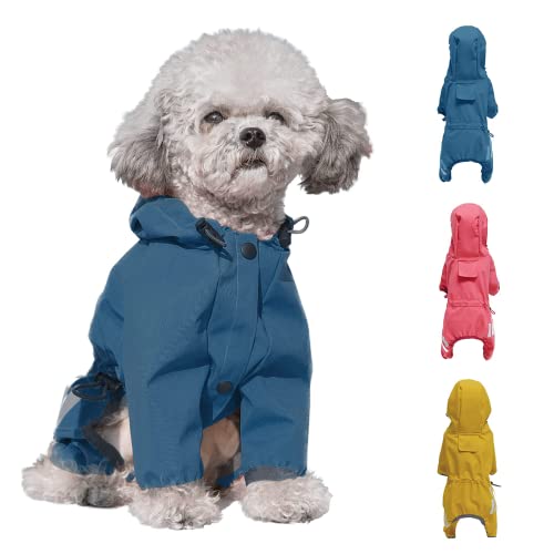 Wasserdichter Hunde-Regenmantel mit Kapuze für Welpen, kleine, mittelgroße Hunde, wasserdichter Hunde-Regenmantel, Jacke mit reflektierendem Gurt und Leinenloch, Poncho (Medium, Blau) von lanpod