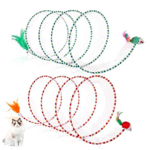 2 Stück Katzentunnel für Hauskatzen, Gefaltet Katzen Spieltunnel, 25cm Große Katzenspiraltunnelspielzeug mit Feder und Mausspielzeug für Welpen Kätzchen Interaktiv (Gestreiftes Grün, Rot) von lasuroa