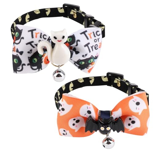 2stk Halloween Haustier Halsband, Süßes Hundehalsband mit Fliege Katzenhalsband mit Glocke Hundehalsband mit Schleife Kätzchenhalsband für Katzen und Hunde(Fledermaus und Weiße Katze) von lasuroa