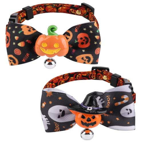 2stk Halloween Haustier Halsband, Süßes Hundehalsband mit Fliege Katzenhalsband mit Glocke Hundehalsband mit Schleife Kätzchenhalsband für Katzen und Hunde(Kürbisse und Kürbisse mit Kapuze) von lasuroa