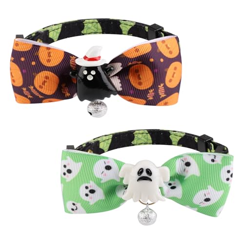 2stk Halloween Haustier Halsband, Süßes Hundehalsband mit Fliege Katzenhalsband mit Glocke Hundehalsband mit Schleife Kätzchenhalsband für Katzen und Hunde(Schwarzer Geist und Weißer Geist) von lasuroa