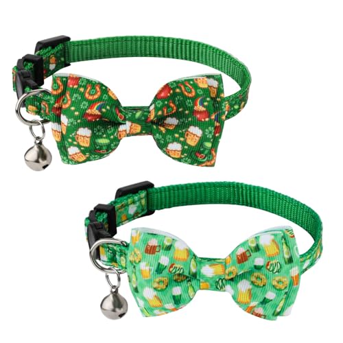 lasuroa St. Patrick's Day Katzenhalsband, niedliches Hundehalsband mit Glöckchen, verstellbar, vierblättriges Kleeblatt, Katzenhalsband, St. Patrick's Day, Katzen-Fliege, Glücks-Haustier-Halsband, von lasuroa