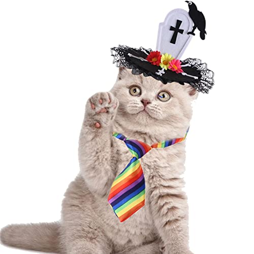 Halloween-Kostüme für Hunde und Katzen, zarter Hutkragen, Haustierdekoration, Raben-Grabstein-Kopfschmuck, Geister-Schleifenhalsband, bunte Krawatte für Halloween-Party, Haustierkostüm Lear-au von lear-au