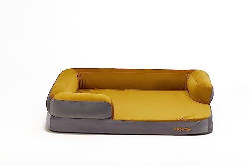 Orthopädisches Hundebett "Kuschelbett" aus Memory-Schaum mit abnehmbarem waschbarem Bezug, Hochwertige Doppelschichtmatratze, wasserdichter Matratzenschoner, für Hunde aller Größen (S, Grau und Gelb) von #lebeddie