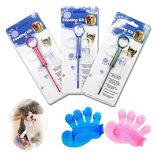 3 Stück Pet Pill/Tablet Spritze Medizin Feeder Wiederverwendbare Sicherheit Katze Hund Tier Pille Spender Werkzeug für Kleintiere, mit Pet Grooming Handschuh, Pet Brush (Multicolor) von lechengjia