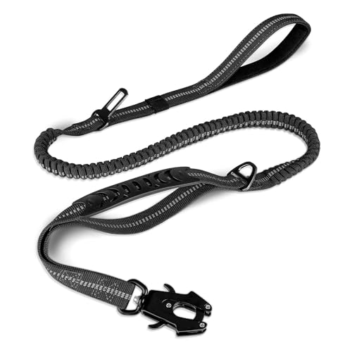 lehua Hundeleine, Robust, 1,2-1,8 M, StoßDäMpfende Bungee-Hundeleine + 2 Gepolsterte Griffe, Metall-Karabinerhaken, Auto-Sicherheitsgurt, Schwarz von lehua