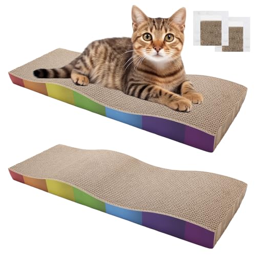 Kratzbretter Katze, 2 Stück Haltbar Kratzpappe für Katzen mit Katzenminze, Recycelbare Katzen Kratzbrett Pappe 62.9 * 21.5 * 4.8cm, katzenkratzbretter zur Krallenpflege von lelewangluo