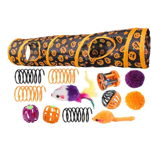 Katzentunnel mit Spielzeug,Katzenspieltunnel - Zusammenklappbare Halloween-Katzenröhren mit Katzenspielzeug - Interaktives Spielzeug mit Kürbismuster für kleine Tiere, gelangweilte Katzen von lencyotool