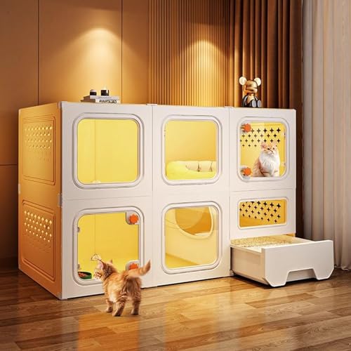 Katzenkäfig - Katzenvilla - All-in-One-Katzenhaus für den Innenbereich mit Katzentoilette - Klares Fenster - Für Katzen - Grau - Gelb(Yellow,105 * 45 * 70cm/41 * 18 * 28in) von lhyangroupao