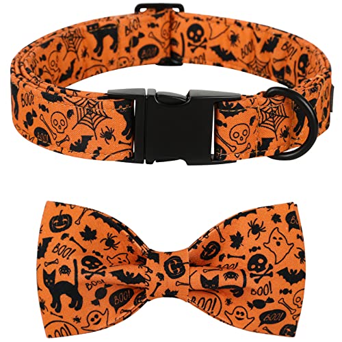 Lionet Paws Halloween Hundehalsband mit Fliege, Langlebiges Bequemes Baumwolle Halsband mit Metall-Klickverschluss für Hunde, Hals 40-60cm von lionet paws