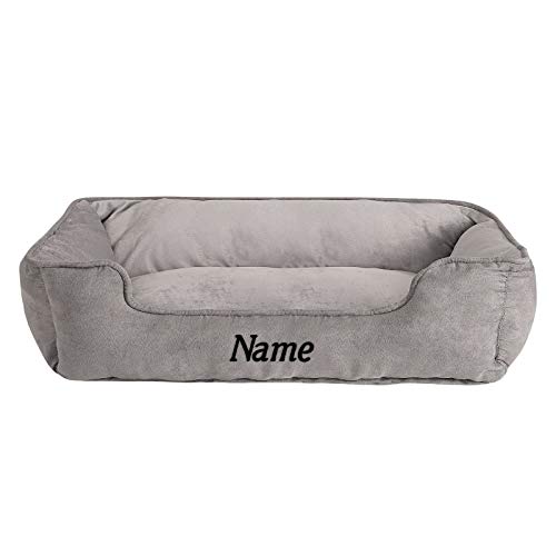 lionto Hundebett 2-in-1 mit komfortablem Einstieg, kuscheliges Heimtierbett zum Wenden für Hunde und Katzen, 110x80 cm, Hundekissen in pflegeleichter Wildlederoptik, grau (Namensaufdruck) von lionto