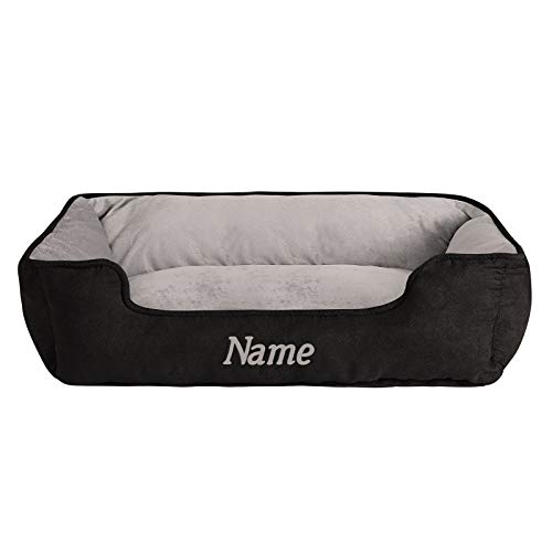 lionto Hundebett 2-in-1 mit komfortablem Einstieg, kuscheliges Heimtierbett zum Wenden für Hunde und Katzen, 110x80 cm, Hundekissen in pflegeleichter Wildlederoptik, schwarz/grau (Namensaufdruck) von lionto