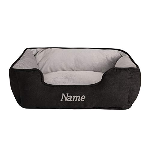 lionto Hundebett 2-in-1 mit komfortablem Einstieg, kuscheliges Heimtierbett zum Wenden für Hunde und Katzen, 60x50 cm, Hundekissen in pflegeleichter Wildlederoptik, schwarz/grau (Namensaufdruck) von lionto