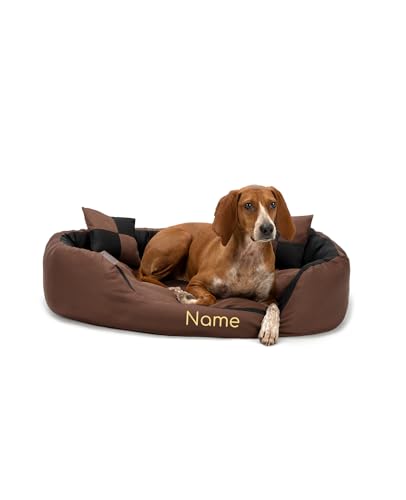 lionto Hundebett 4-in-1 mit Wendekissen aus robustem Oxford, 85x70 cm, Heimtierkissen Kratzfest mit tiefem Einstieg für Katzen und Hunde aller Größen, wasserabweisend, schwarz/braun (Namensaufdruck) von lionto