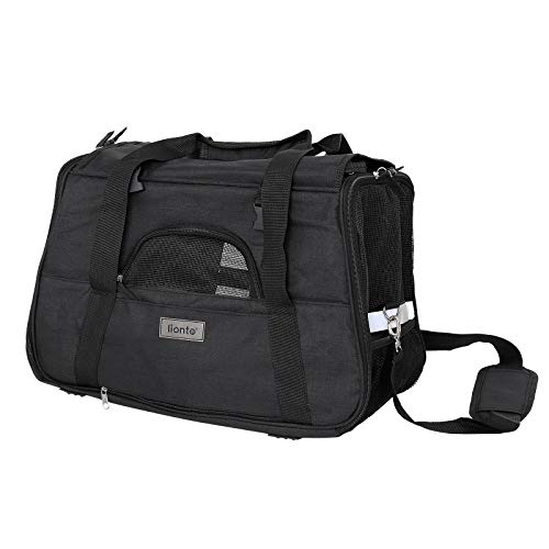 lionto Hundetransportbox faltbar für unterwegs mit Tragegriffen & Schultergurt, 49x27x31 cm, aus robustem Oxford-Stoff & Netzgewebe, Katzentransportbox mit weichem Kissen für im Flugzeug, schwarz von lionto