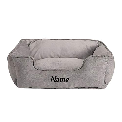 lionto Hundebett 2-in-1 mit komfortablem Einstieg, kuscheliges Heimtierbett zum Wenden für Hunde und Katzen, 60x50 cm, Hundekissen in pflegeleichter Wildlederoptik, grau (Namensaufdruck) von lionto