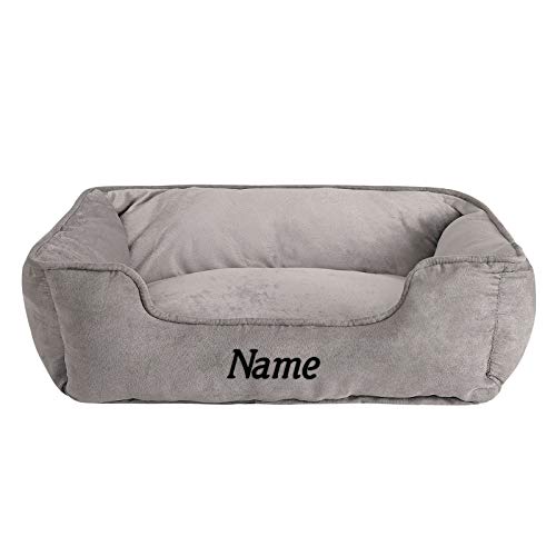 lionto Hundebett 2-in-1 mit komfortablem Einstieg, kuscheliges Heimtierbett zum Wenden für Hunde und Katzen, 80x60 cm, Hundekissen in pflegeleichter Wildlederoptik, grau (Namensaufdruck) von lionto