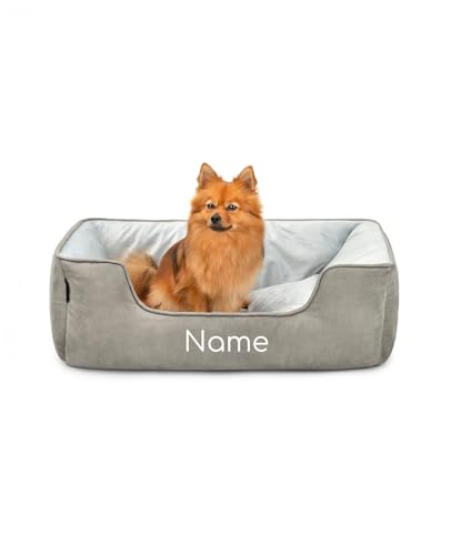 lionto Hundebett 2-in-1 mit komfortablem Einstieg, kuscheliges Heimtierbett zum Wenden für Hunde und Katzen, 80x60 cm, Hundekissen in pflegeleichter Wildlederoptik, grau (Namensaufdruck) von lionto