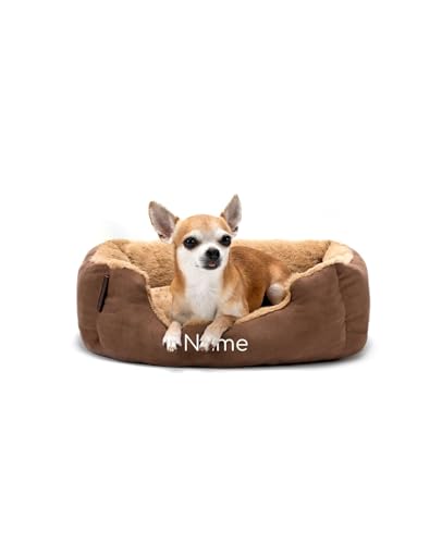 lionto Hundebett mit Wendekissen und Rutschfester Unterseite, Heimtierkissen mit tiefem Einstieg für Hunde und Katzen jeden Alters, 50x37 cm, kuscheliges Hundekissen, braun/beige (Namensaufdruck) von lionto