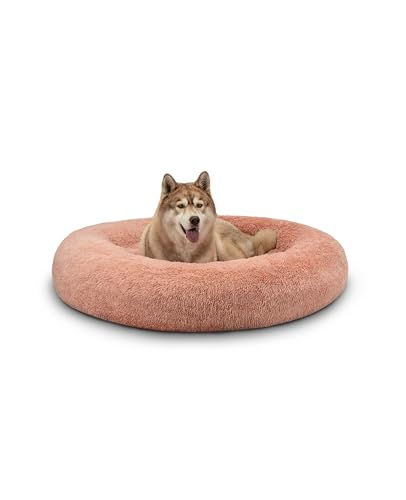 lionto Donutbett für Hunde und Katzen, Flauschiges Hundebett rund für kleine und große Heimtiere, Ø 120 cm, weiches Katzenbett aus kuscheligem Plüsch, Hundekissen mit extra Dicker Füllung, rosa von lionto